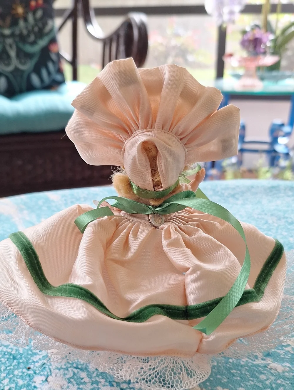 1940s Peach & Green Vintage Hollywood Doll with Bonnet